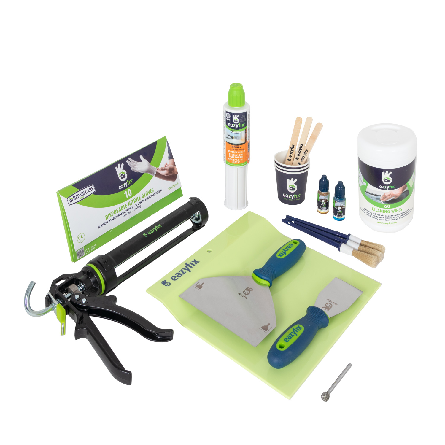 set om reparatie van houtrot uit te voeren met kitpistool en houtrotfrees