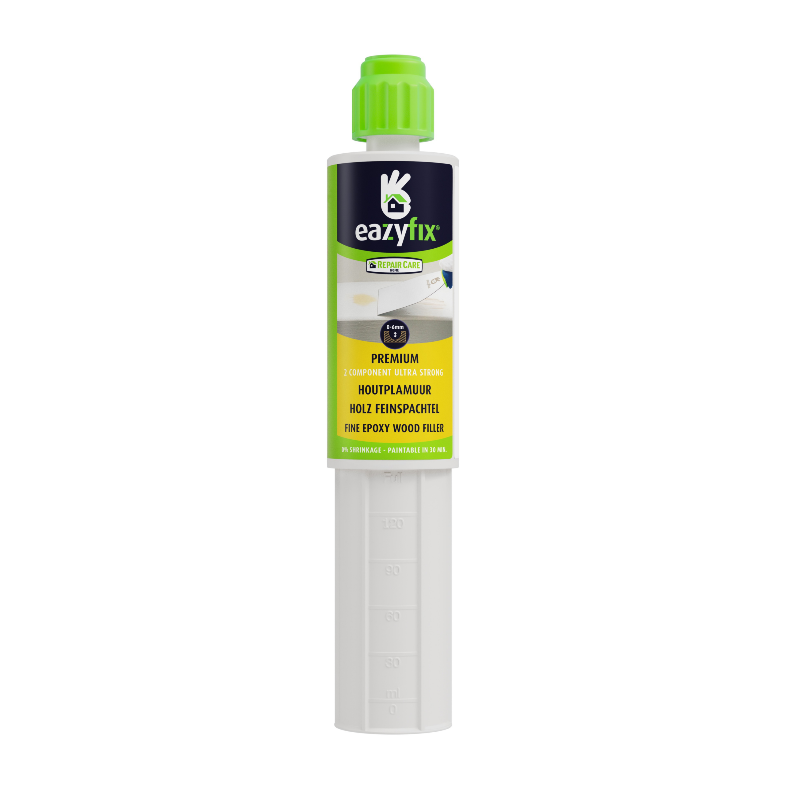 Productfoto vernieuwde witte koker van de Premium Plamuur met het 10 jaar garantie logo