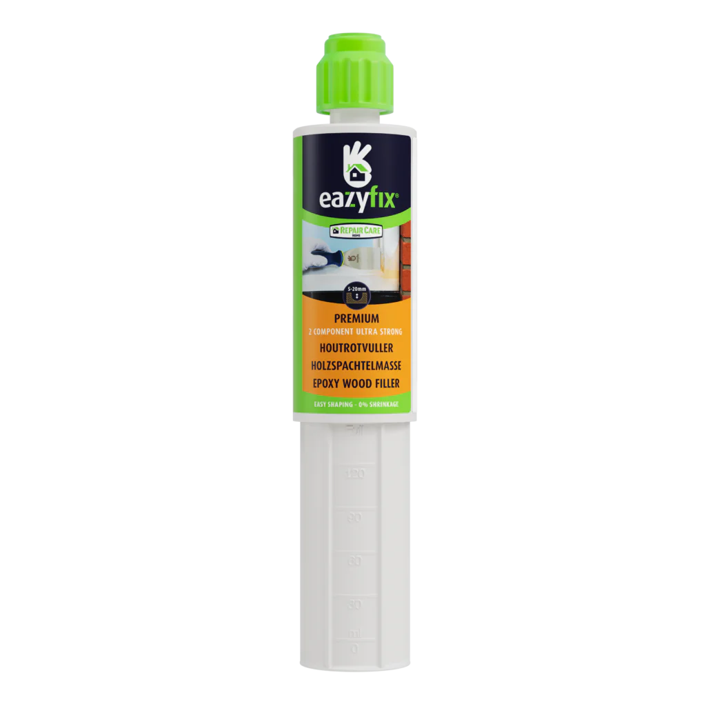 Productfoto vernieuwde witte koker van de Premium Houtrotvuller met het 10 jaar garantie logo
