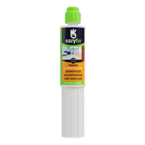 Productfoto vernieuwde witte koker van de Premium Houtrotvuller met het 10 jaar garantie logo