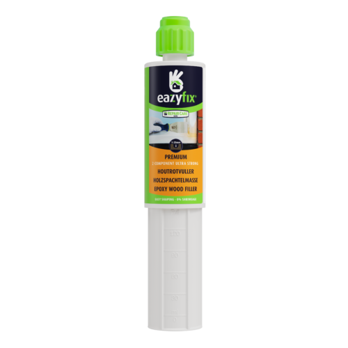 Productfoto vernieuwde witte koker van de Premium Houtrotvuller met het 10 jaar garantie logo