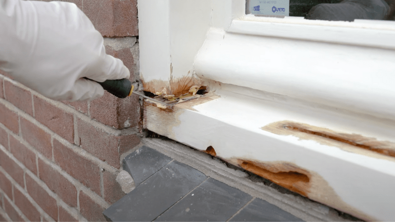 Een Eazyfix Houtrotvuller wordt aangebracht in kozijn